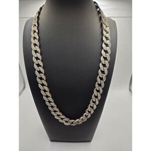 Iced Out Cuban Link Chain Necklace Silver Tone Rhinestone Hip Hop Curb 20 Inch